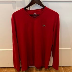 Lacoste Mens V Neck Long Sleeve Tshirt, Red Sz L (6)